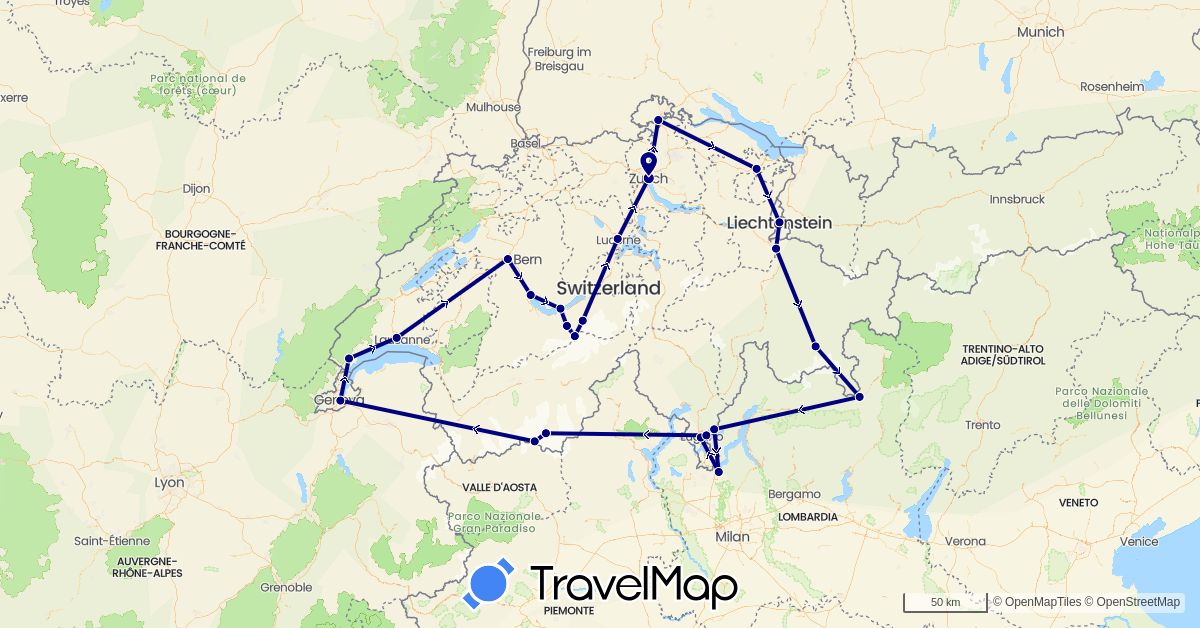 TravelMap itinerary: driving in Switzerland, Italy, Liechtenstein (Europe)